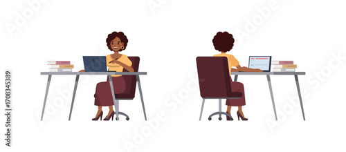 Business woman wear yellow shirt and long purple skirt, brown curly hair character vector illustration design set. Women working in office.