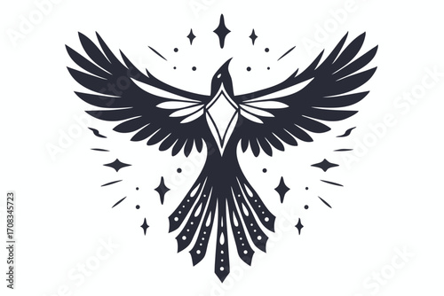 Stylized bird icon with geometric wings soars amidst shining star bursts gracefully