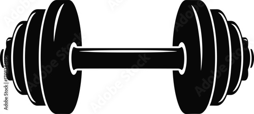 Barbell silhouette with weight plates, black and white vector illustration, gym equipment icon, strength training, fitness workout, bodybuilding art