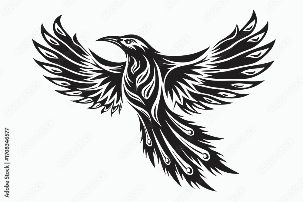 Fototapeta premium silhouette of a decorative tribal bird with outstretched wings in black color, striking and artistic