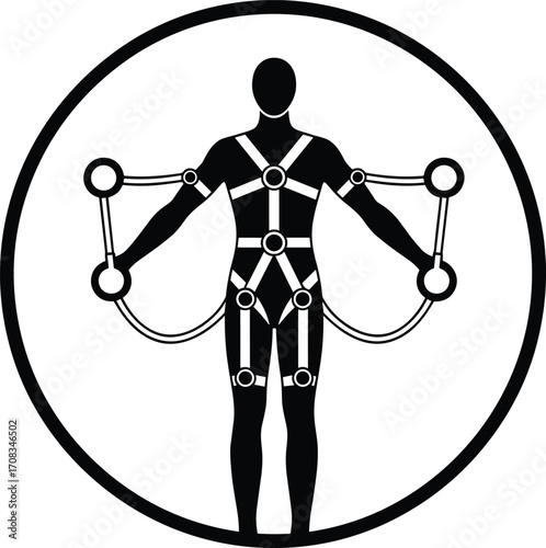 Biomechanical human silhouette with harness joints, black and white vector illustration, motion analysis, wearable tech, robotics, physical therapy icon