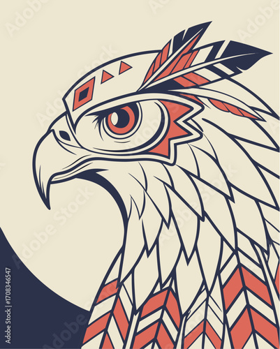 Stunning tribal eagle illustration with native american inspired feather headdress design