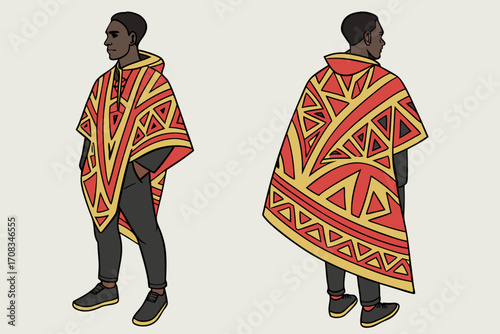 Man Wearing Patterned Poncho