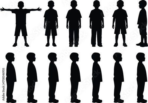 Silhouette collection of young boys standing, side and front view poses, vector illustration for education, child growth, design, school, activity, childhood