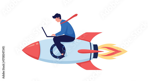 Man riding a rocket ship while using his laptop.