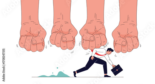 Man running away from large fists descending from above.