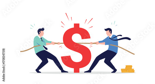 Two businessmen are playing tug of war over a large dollar sign.