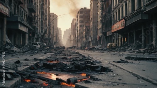 A city street littered with trash, rubble, and debris after an unspecified event or disaster