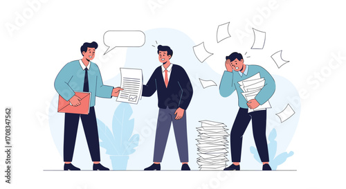 Business people struggling with overwhelming paperwork and disorganized tasks.