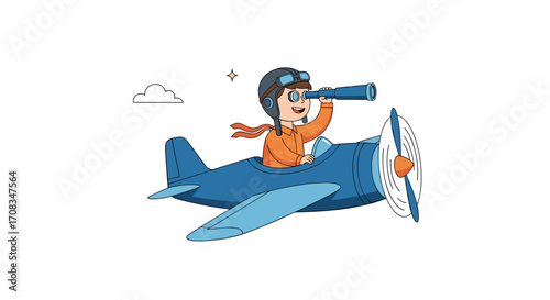 Young pilot flying a vintage airplane with a spyglass.