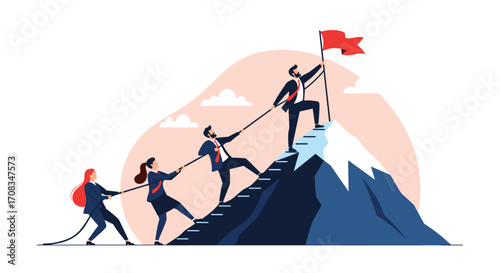 Teamwork and collaboration to reach the summit and achieve success.