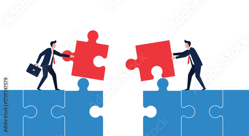 Two businessmen connecting puzzle pieces to complete a bridge.