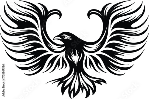 Stylized phoenix bird illustration features a captivating black silhouette against the white background