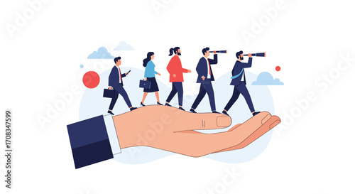 Team members following their leader while being supported by a large hand.