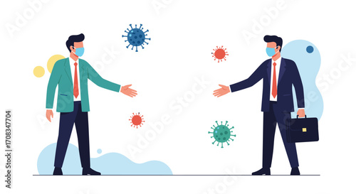 Two businessmen practice social distancing in a modern office.