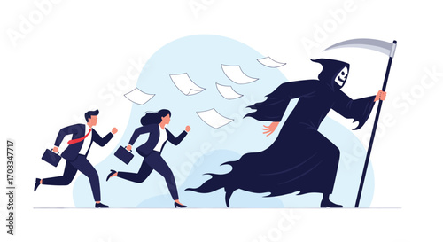 Business people running from the grim reaper. 