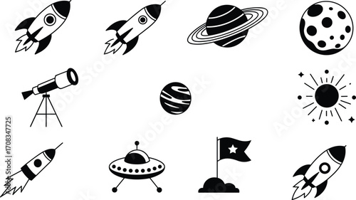 Space icons collection, rocket ship, astronaut, planets, moon, telescope, comet, UFO, stars, cosmic elements, astronomy, space exploration, universe symbols, outer space graphics.Spac