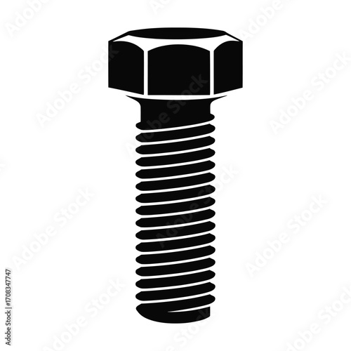 Close up black and white illustration of a hexagonal bolt with visible threads