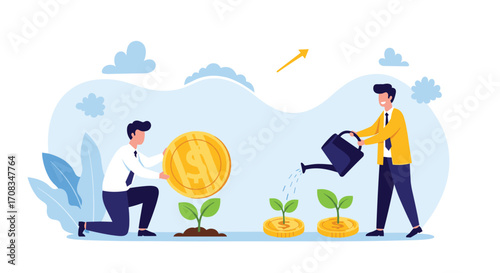 Two businessmen planting coins and watering tiny plants to grow money.