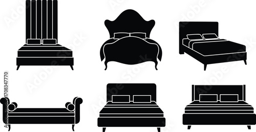 Modern bed silhouettes collection, minimalist furniture icons, bedroom interior design elements, black and white vector illustration, home decor, bedding styles, contemporary