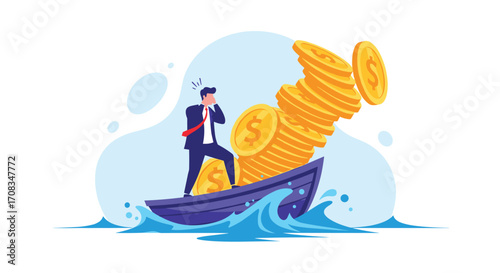 Businessman struggling to balance finances on a sinking boat.