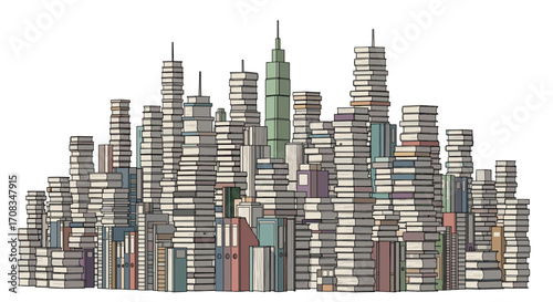 A city skyline constructed entirely out of stacked books.
