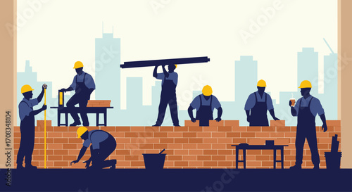 Construction workers building a brick wall in front of city skyscrapers.