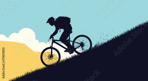 A person cycling downhill on a mountain bike. This is an illustrative image of extreme sports.