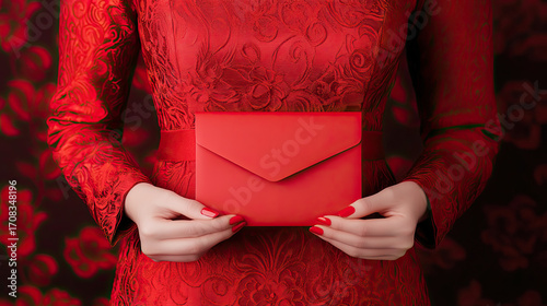 Delicate red envelope held by woman in red dress, symbolizing celebration and tradition. intricate floral pattern adds elegance to scene