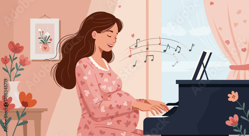 Pregnant woman playing piano and enjoying music in cozy interior  