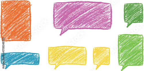 Colorful hand drawn speech bubbles in various shapes on transparent background