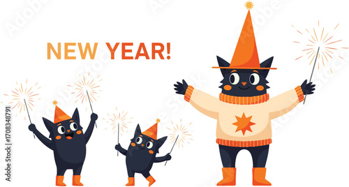 Happy new year 2026 greeting card with cute cats holding sparklers