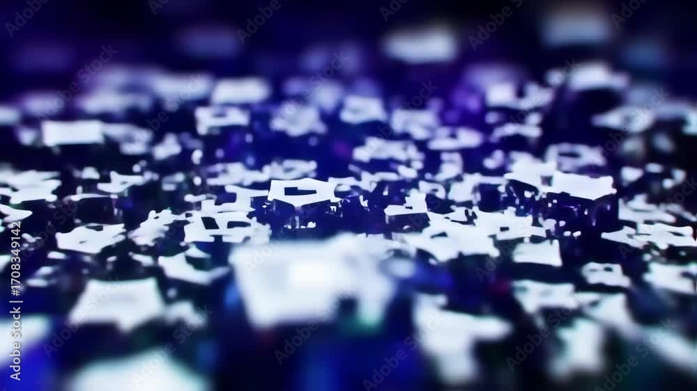 Abstract, blurred image of many small, irregular shapes in shades of dark blue, black, and white