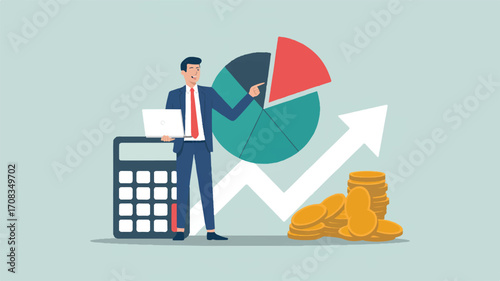 Vector art of financial analysis and growth chart with businessman, calculator and coins stack