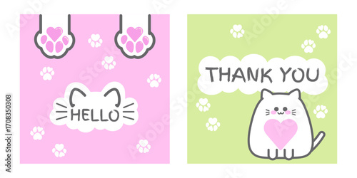 Vector cute card set with cat, paws and text: "Hello" and "Thank you". Sticker, vector illustration, template