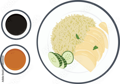 Top-down view of a delicious Hainan chicken rice meal served on a plate with traditional condiments, isolated vector graphic