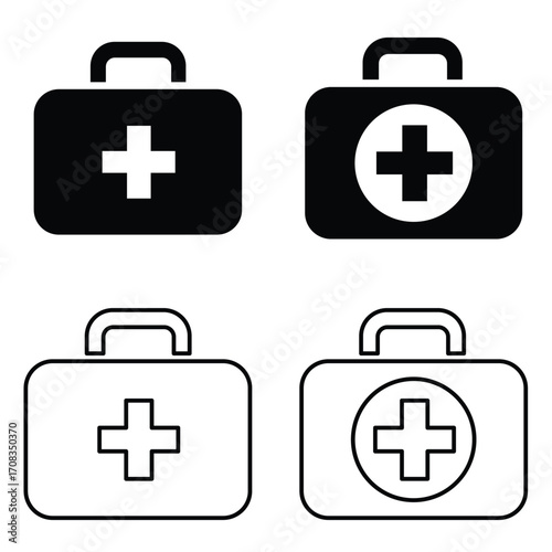 First Aid Kit Box and Medical Briefcase Icon Set – Emergency Healthcare Equipment and Hospital Safety Symbols Vector Illustration.