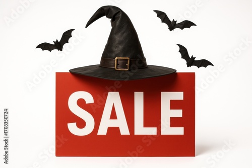 A witch's hat sits atop a red sale sign, accompanied by flying bats, creating a festive Halloween-themed promotional display.