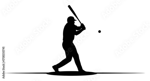 Dynamic silhouette of baseball player swinging bat at ball, capturing athletic action and competitive spirit
