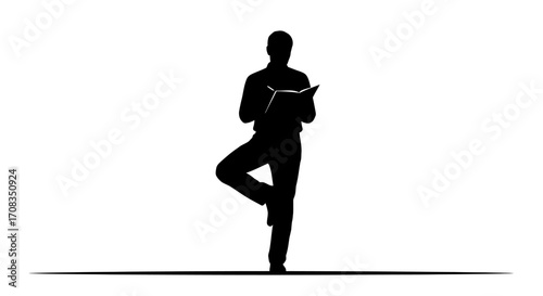 Silhouette of a person balancing in a tree pose while reading a book, symbolizing focus and knowledge