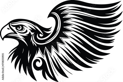 Striking black stylized bald eagle reveals detailed feathered wings and intense gaze