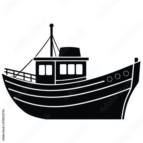 Detailed Black Silhouette of a Fishing Trawler Boat on White Keywords: boat, fishing boat, trawler