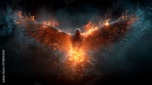 Epic background , Powerful of fire phoenix rising from fire, wings burning with flames, smoke trails surrounding its body.