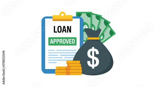 Vector art of loan approved with money bag and coins