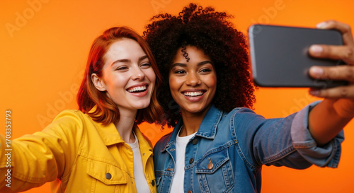 Two diverse happy friends taking a selfie with a smartphone. Young women smiling together against a vibrant orange background. Friendship and social media concept