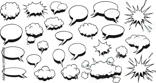 Dynamic Collection of Comic Book Style Speech Bubbles, Thought Clouds, and Explosive Graphic Elements for Communication and Design Projects