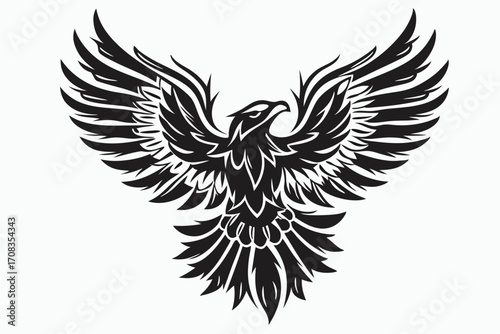 Striking stylized black phoenix spreads wings with a powerful presence on a white backdrop