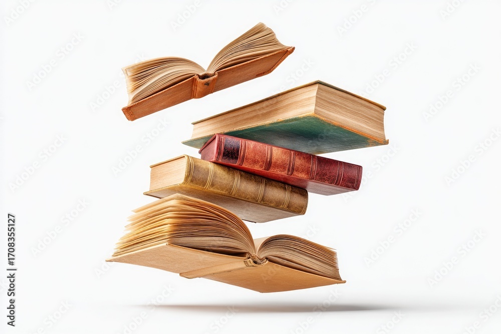 Naklejka premium Stacked vintage books, open and closed, levitating