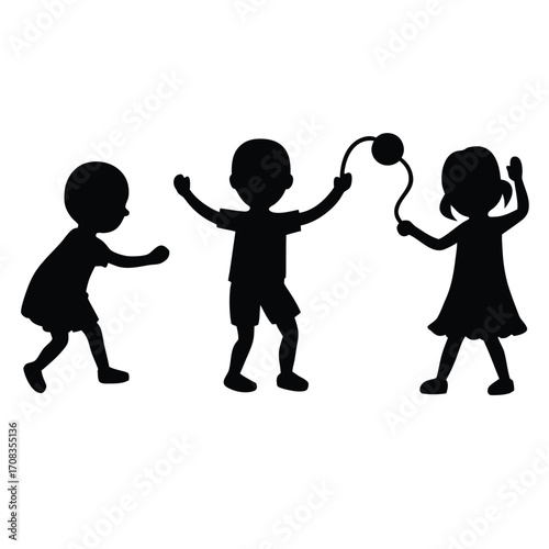 Three children silhouettes playing with a jump rope on a white background kids