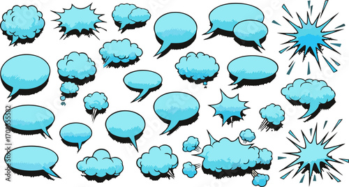 Collection of comic book speech bubbles and sound effects, perfect for graphic design and storytelling